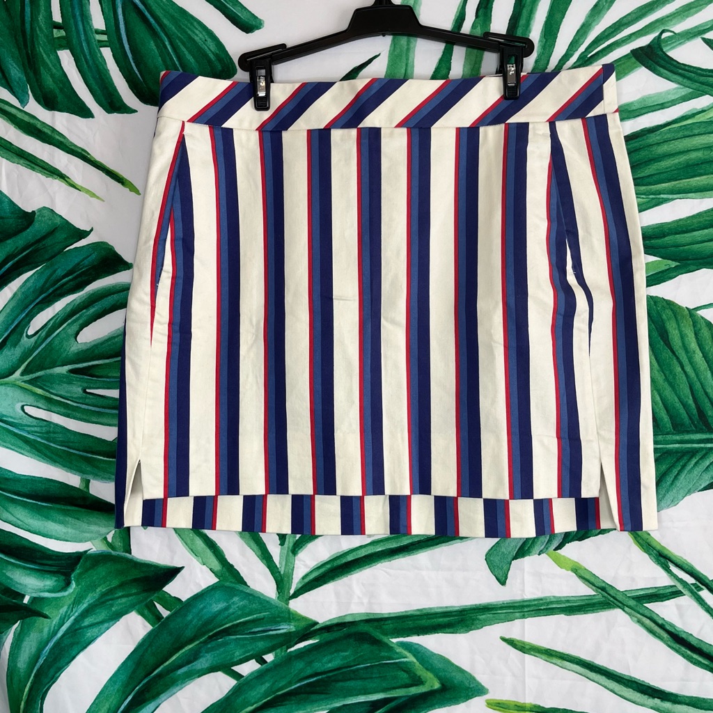 Brooks Brothers 14 Cream Blue Striped Preppy Khaki Spring Summer Casual Skirt